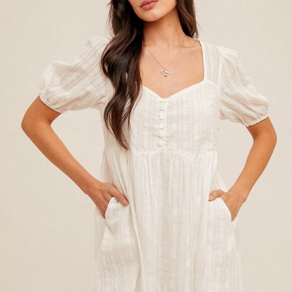 HEM & THREAD Sweetheart Button-Front Cotton Mini Dress | White SIZE LARGE - Picture 2 of 5